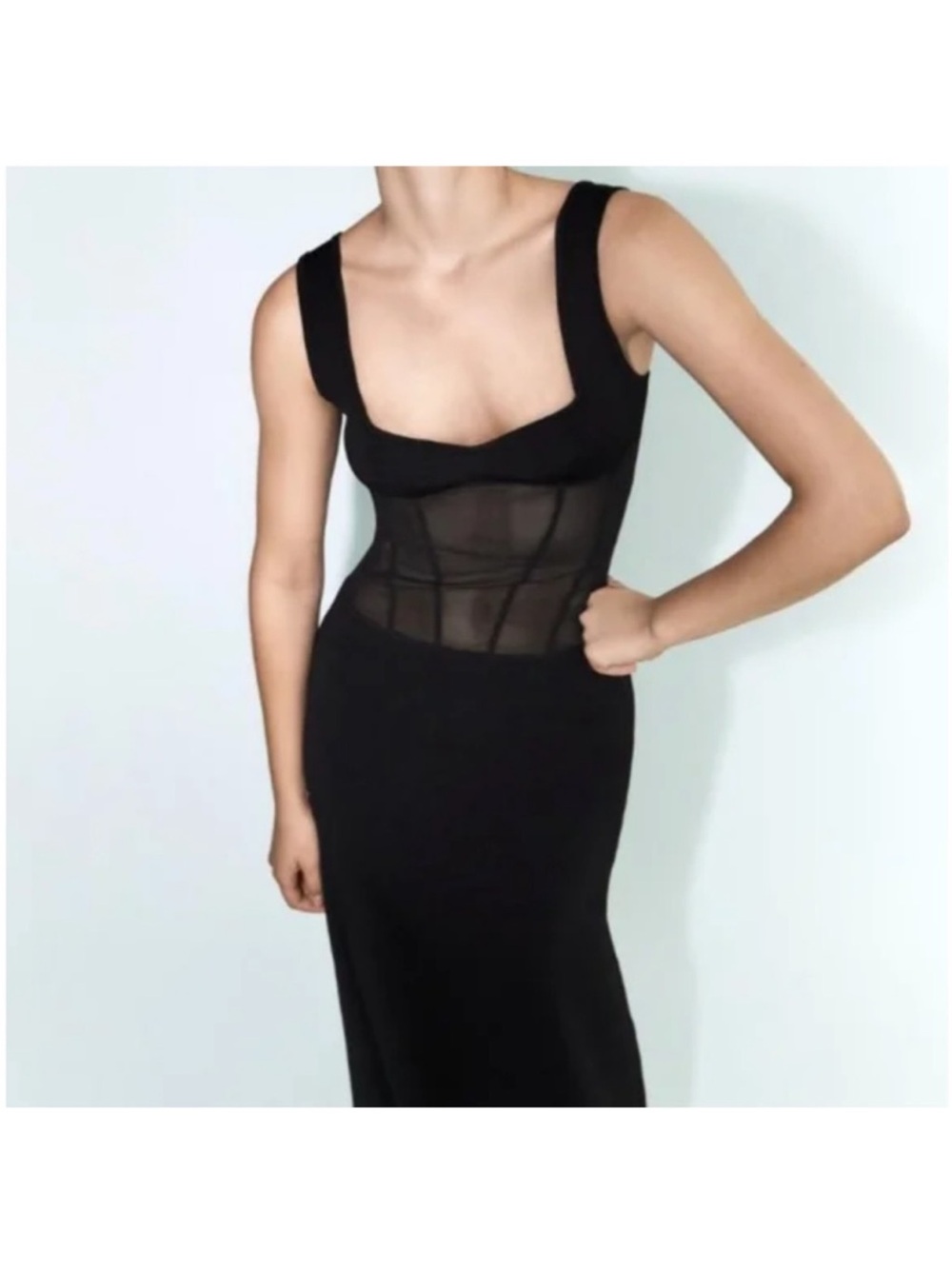 Zara Black Midi Dress with Sheer Corset Panel